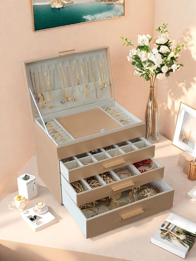 BOOVO Jewelry Boxes for Women, 5 Layer Jewelry Organizer with Necklace Hanger and Drawers, Large Jewelry Box for Earrings, Necklace and Bracelet Storage Gifts for Women and Girls (Gold, 5 Layer)