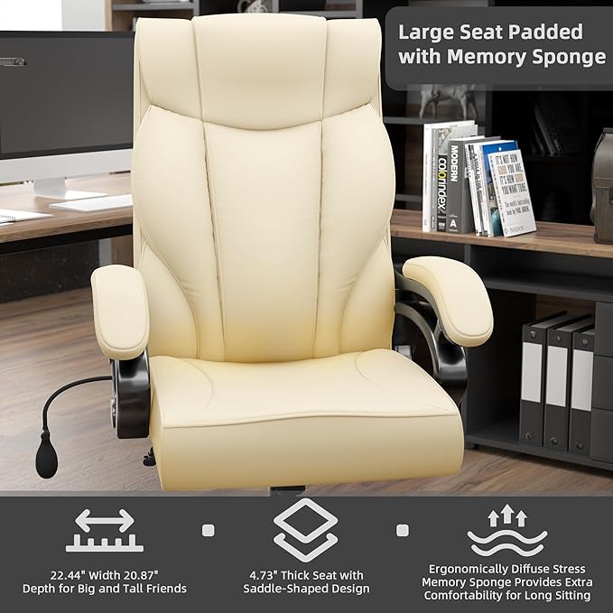 Big and Tall Executive Office Chair, Wide Seat Leather Chair with Lumbar Support and Comfy Arms, Ergonomic High Back Computer Desk Chair for Home (White)