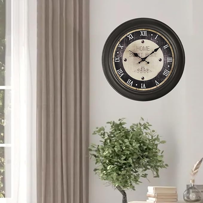 16 Inch Vintage Wall Clock, Silent Non-Ticking Quartz Battery Operated Decorative Clock for Home, Kitchen, Living Room, Dining Room, Office, Dark Brown Roman Number