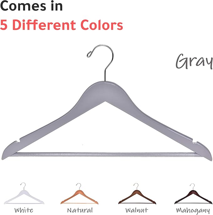 Quality Wooden Hangers - Slightly Curved, Heavy-Duty Coat Hangers with Stylish Chrome Hooks - 30-Pack Sets for Clothes, Jackets, Shirts, Pants, Suits (Gray)