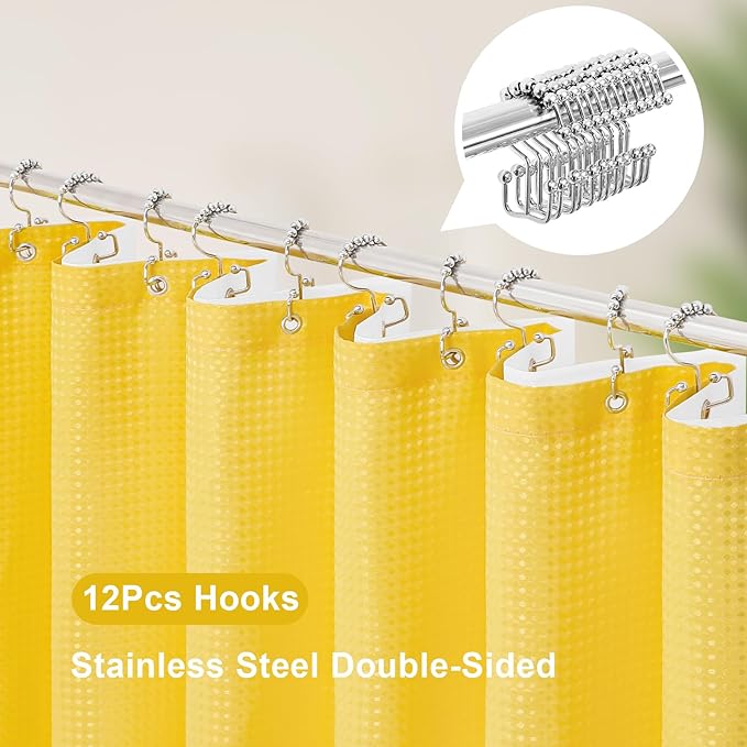 3 in 1 Shower Curtain Set, Yellow Waffle Shower Curtain and PEVA Liner Set with 12 Stainless Steel Shower Curtain Hooks, Waterproof Shower Curtains for Bathroom, 72 W x 72 H