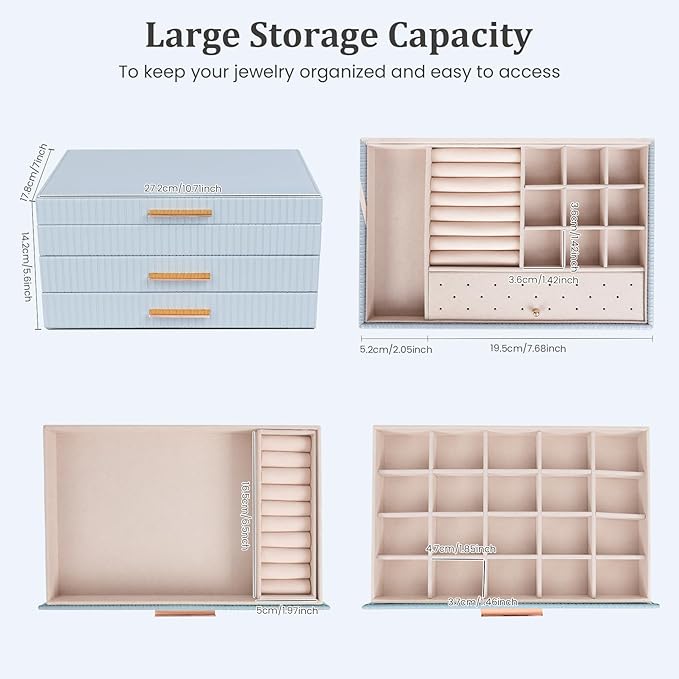 Dajasan Jewelry Organizer Box, Jewelry Storage Organizer with 2 Drawers, 3-Tier Large Jewelry Gift Box for Women, Girls, Friends, Wife or Mother, Gift Idea (Smoky Blue)