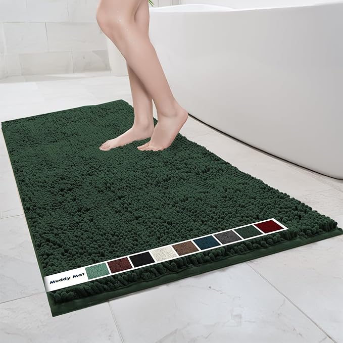 Muddy Mat Chenille Bathroom Rugs Quick Dry Microfiber Mats Non Slip Washable, Extra Thick, Soft and Highly Absorbent Bath Mats for Bathroom, Kitchen, and Shower Floor - Dark Green XL 59"X35"