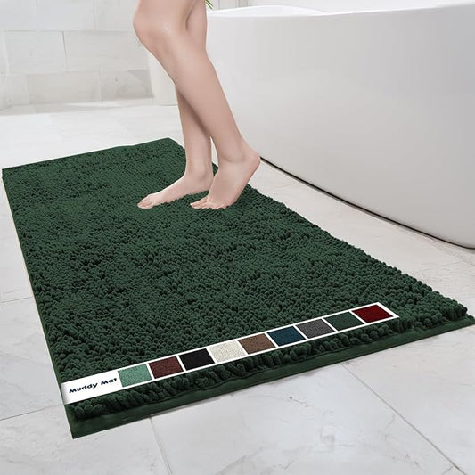 Muddy Mat Chenille Bathroom Rugs Quick Dry Microfiber Mats Non Slip Washable, Extra Thick, Soft and Highly Absorbent Bath Mats for Bathroom, Kitchen, and Shower Floor - Dark Green XL 59"X35"