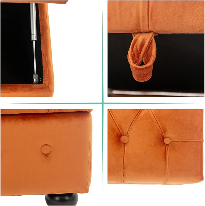 Artechworks Rectangular Storage Coffee Table Ottoman,Button Tufted Velet Upholstery Footstool Bedroom Ottoman for Living Room, Home Office, Space-Saving Storage Toy Box Stool, Caramel