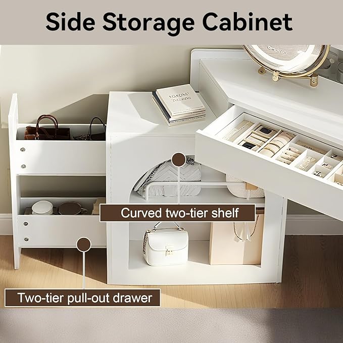 Merax Corner Vanity Desk with Mirror & LED Lights & Stool, Modern Makeup Vanity Table with Drawer Shelf Cabinet for Bedroom, Brightness Adjustable Folding Mirror (White)