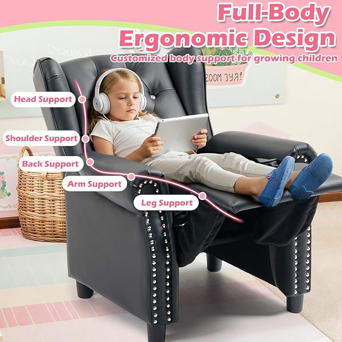 AVAWING Kids Wingback Recliner Chair with Studded Tufted Backrest & Nailhead Trim, PU Leather Kids Chair with Adjustable Backrest and Footrest, for Bedroom or Nursery (Black)