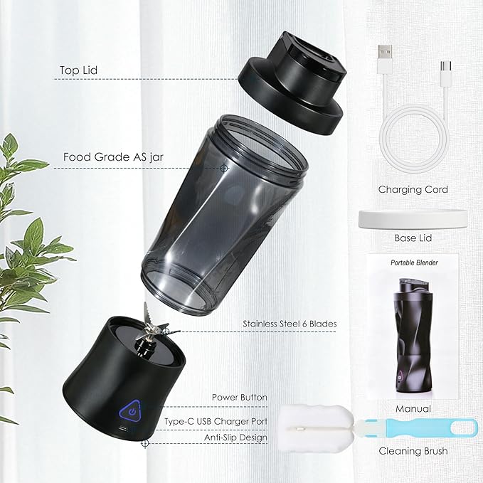 Personal Blender Wireless 24oz Cordless Mini 360 Watt Portable Blender-for Smoothies Freshly Squeezed Juices 6000mAh Self Cleaning and BPA Free Portable Juicer with 6 Sharp Blade Carbon Black
