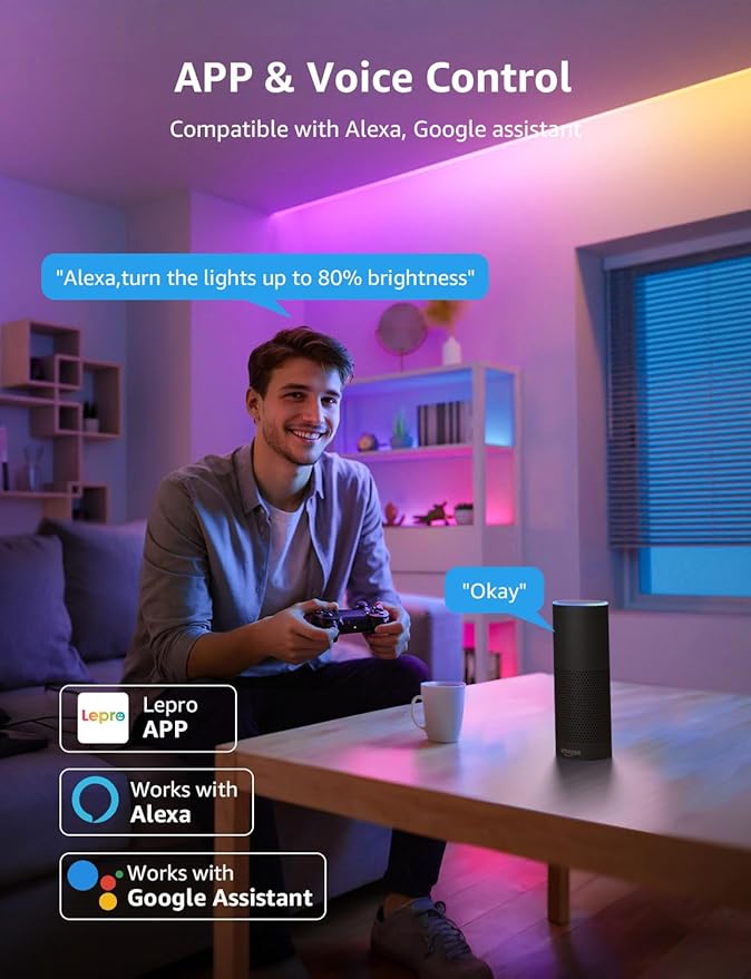 Lepro S1 AI LED Strip Lights for Christmas Decorations, 65.6ft Smart RGB Light Strips with IC and Rainbow Chasing Effects, Personalized Al Lighting Designer, No Remote, 2.4GHz Wi-Fi & Bluetooth