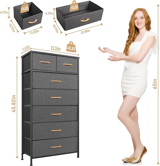Tall Dresser for Bedroom, Vertical Storage Organizer Tower with 7 Drawers, Chest of Drawers with Fabric Bins, Steel Frame, Wood Top for Bedroom, Closet, Entryway- Grey