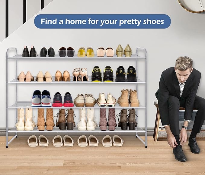 KEETDY 4-Tier Long Shoe Organizer for Closet Floor, Wide Shoe Rack for Closet, Stackable Shoe Rack for Entryway Metal Shoe Shelf for 30 Pairs Men Sneakers with Wire Grid for Bedroom, Grey