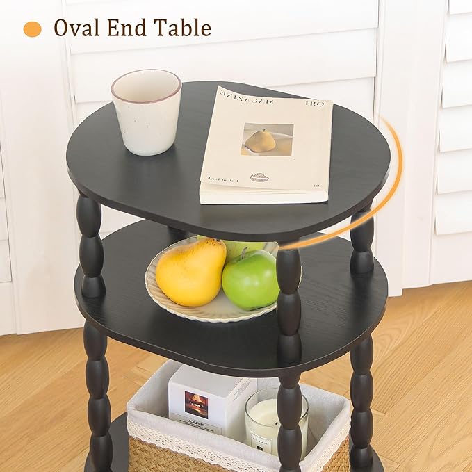 MaxSmeo Black Side Table, 3-Tier Small Oval End Table, Modern Night Stand Wood Accent Table for Living Room, Bedroom, Black