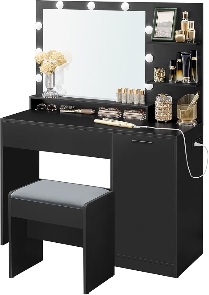 VASAGLE Vanity Desk with Mirror and Lights, 43.3-Inch Wide Makeup Vanity with Upholstered Vanity Stool, Power Outlets, Dimmable LED Lights, Storage Drawer, for Bedroom, Ink Black URDT628B01