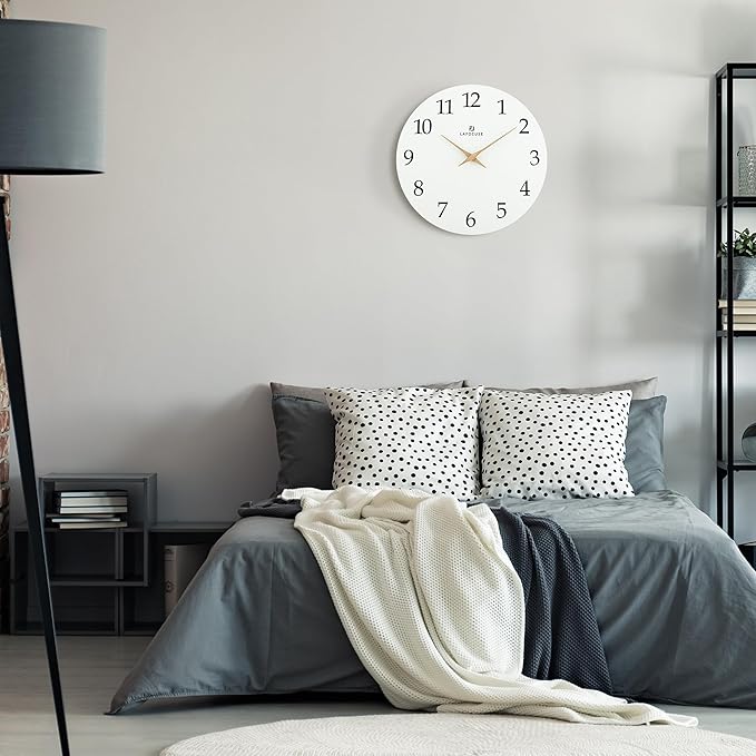 Lafocuse 12 Inch Silent White Wall Clock Battery Operated for Living Room Decor, Simple Minimalist Wooden Wall Clock for Kitchen Bedroom Office
