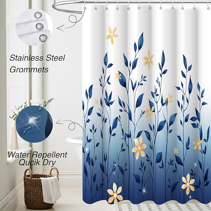Eucalyptus Shower Curtain, Ombre Floral Leaves Plant Washable Fabric Bath Decor with 12 Hooks 72x72 inches, Navy Blue