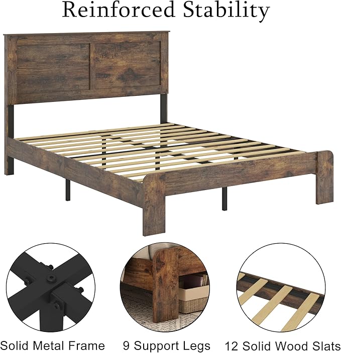 Full Size Bed Frame, Rustic Vintage Platform Bed Frame with Wood Headboard and Footboard, 12 Wood Slats Support, No Box Spring Needed (Dark Brown, Full)
