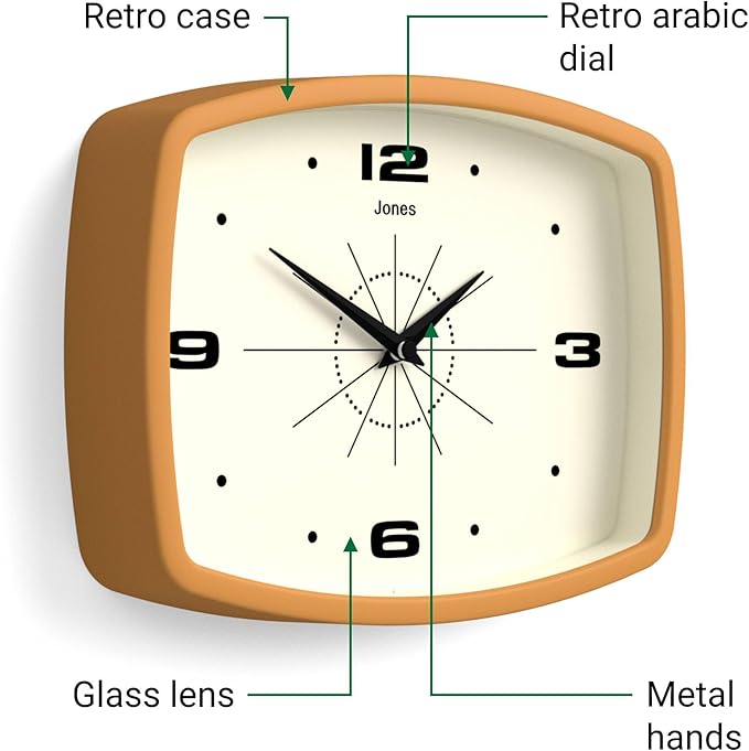 JONES CLOCKS® Movie Wall Clock | Rectangular Retro Clock | 10 inch | Mustard Yellow | Cool mid-Century Designer Look for Kitchen, Living Room or Office