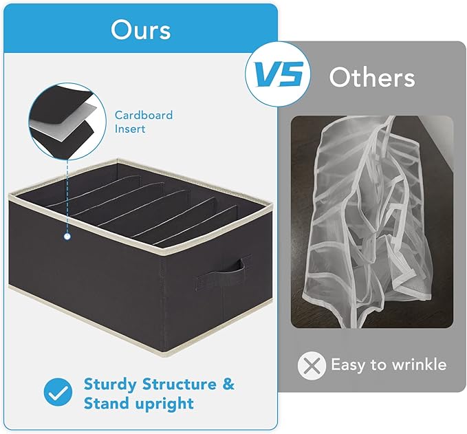 3 Pcs Large Size Wardrobe Clothes Organizers 6 Grids for Pants, Jeans, Sweater, T-shirt, Dress Stackable Closet Drawer Organizer Storage Bin Container with Sturdy Handles, Black