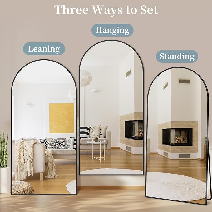 Full Length Mirror with Stand, 78"x38" Arched Full Body Mirror, Large Stand Up Mirrors, Aluminum Frame Floor Standing Mirrors, Freestanding Hanging Leaning Mounted for Bedroom Living Room,Black