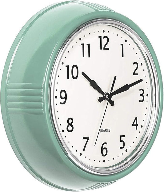 Bernhard Products Retro Wall Clock 9.5 Inch Green Kitchen 50's Vintage Design Round Silent Non Ticking Battery Operated Quality Quartz Clock (Seafoam Green)
