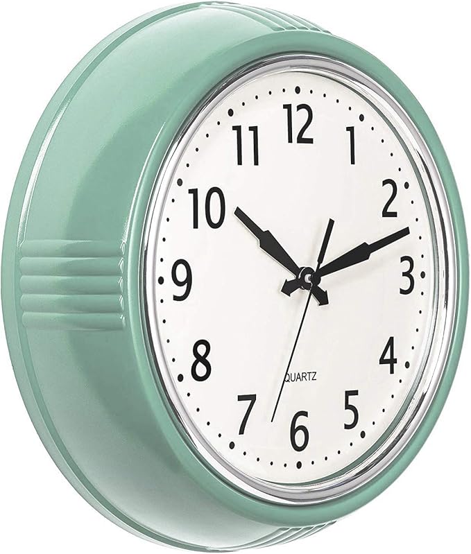 Bernhard Products Retro Wall Clock 12 Inch Seafoam Green Kitchen 50's Vintage Design Round Silent Non Ticking Battery Operated Quality Quartz Clocks for Home Office School Kids Bedroom Living Room