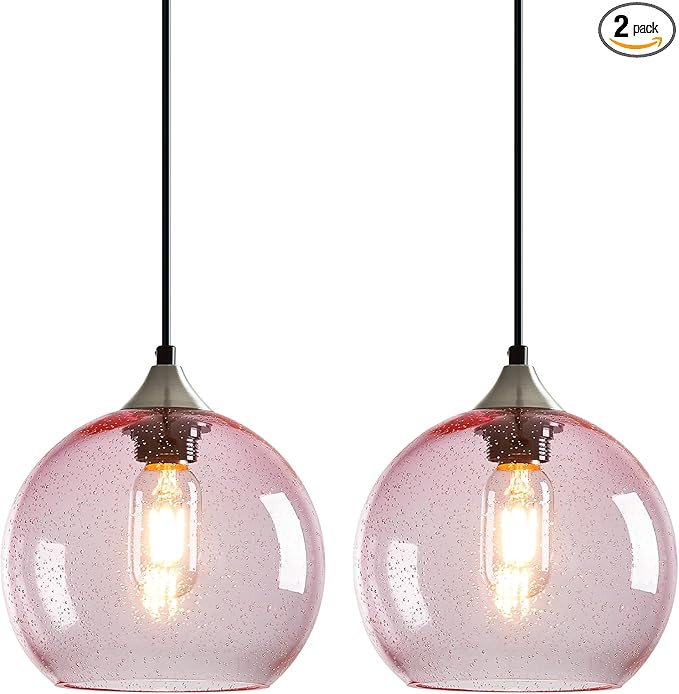 Pink Glass Pendant Lights Kitchen Island Lighting Globe Pendant Light Fixtures Modern Pendant Lighting for Bedroom Living Dining Room Light Fixture (7.87 in, 2 Pack)