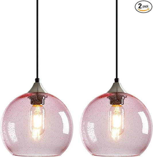 Pink Glass Pendant Lights Kitchen Island Lighting Globe Pendant Light Fixtures Modern Pendant Lighting for Bedroom Living Dining Room Light Fixture (7.87 in, 2 Pack)