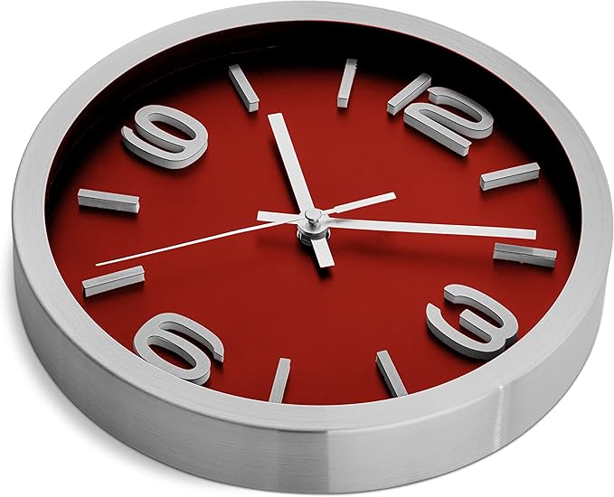 Bernhard Products Metal Wall Clock Modern Silver & Wine 10 Inch Silent Non Ticking, Red Round Elegant Quality Quartz Battery Operated for Home Kitchen Living Room Office, 3D Numbers