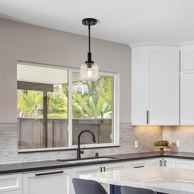 Glass Pendant Lights Kitchen Island 2 Pack, 5.9" Black Modern Pendant Light with Clear Glass and Rods, Mini Hanging Lighting for Kitchen Sink Bathroom Bedroom, OS-YQ7749-2PBK