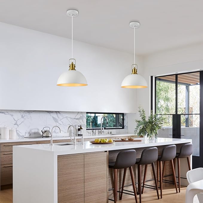 12 Inch White Farmhouse Pendant Lights for Kitchen Island Industrial Haning Lamp Adjustable Height Vintage Dome Hanging Light Fixtures for Barn, Dining Room