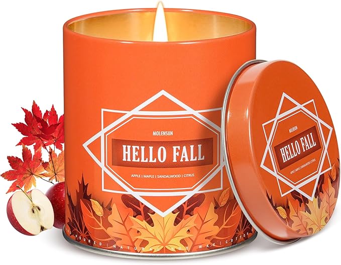 Fall Scented Candle – Hello Fall Soy Candle 9oz, 50 Hour Burn, Non-Toxic Autumn Decor, Holiday Gift for Women & Men