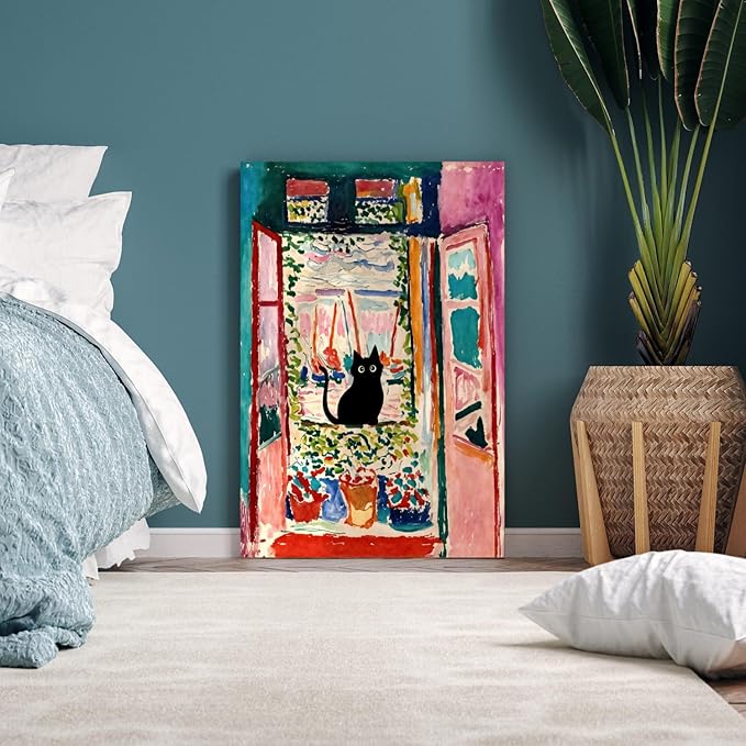 FASWQ Whimsical Black Cat Wall Art, Van Gogh Matisse Picasso Wall Decor, Funny Bathroom Canvas Paintings, Cute Animal Aesthetic Pictures for Living Room Kids' Room Framed Ready to Hang 16"x24"x3
