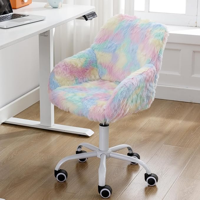 Kids Desk Chair Faux Fur Upholstered Swivel Reading Chair, Cute Adjustable Study Chair with White Wheels for Reading Room Bedroom, Rainbow Color