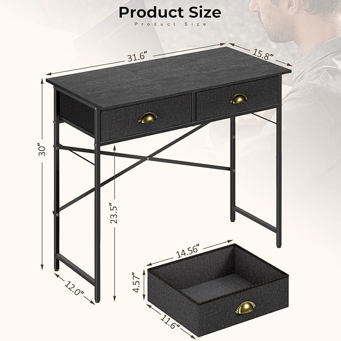 Black Writing Desk for Kids Bedroom, 31.5 Inch Small Computer Desk for Small Spaces, Simple Desk with 2 Fabric Drawers for Home Office, Dorm, Living Room, Home Study Table, Black