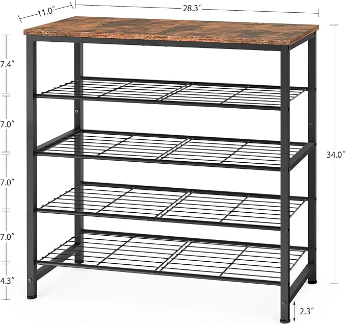 usikey 5-Tier Shoe Rack, Industrial Shoe Storage Organizer for 12-16 Pairs of Shoes, Metal Shoe Shelf with Wooden Top, Shoe Stand with 3 Metal Shelves for Entryway, Hallway, Closet, Rustic Brown