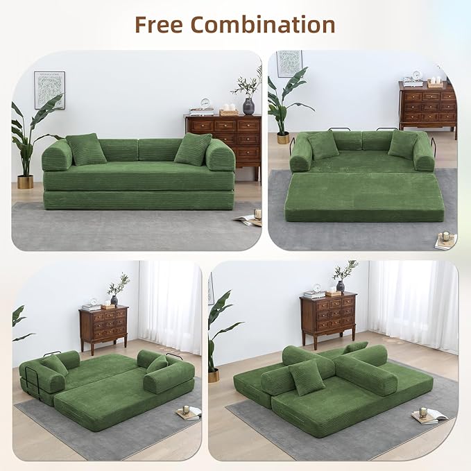 Rovibek 4-in-1 Convertible Sleeper Sofa Bed Queen Size, Foldable Floor Couch Corduroy, Folding Futon Sofa Beds with Pillow and Fixed-Shape Frame, Suitable for Living Room, Bedroom, Lounge, Green
