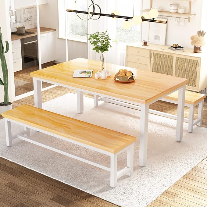 AWQM 43.3" Dining Table Set for 4, Kitchen Dining Table with 2 Benches, Dining Room Table Set with Metal Frame & Thickened Board for Kitchen, Restaurant, Oak