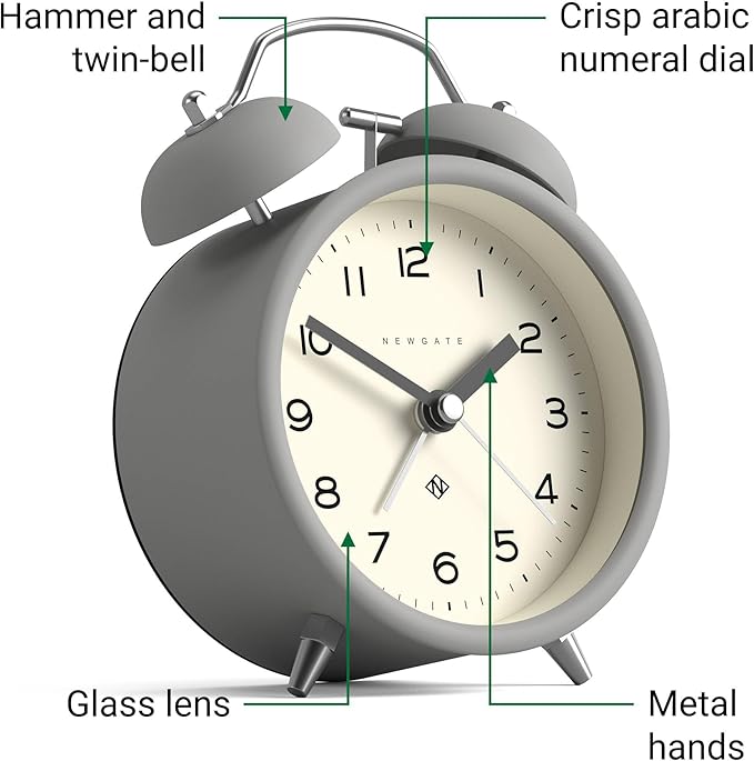 NEWGATE® Charlie Bell Echo Alarm Clock | Modern take on Classic Twin Bell Clock | Gray | Easy to Read Numbers | Ideal for Bedside, Desk or Shelf | Modern Retro Bedroom & Office Accessory