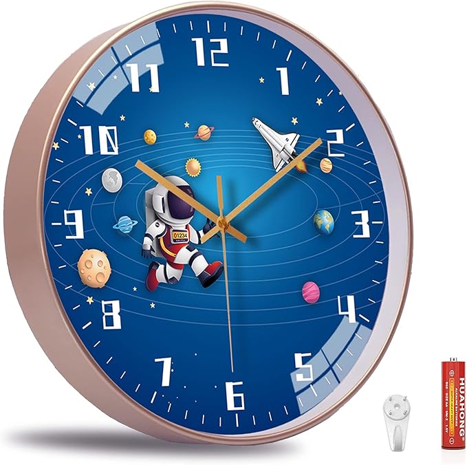 12 Inch Silent Movement Kids Wall Clock, Non Ticking Children Round Wall Clock Battery Operated Space Travel Style Decor Children Clock for Home School Boys Bedroom Living Room (Blue-2)