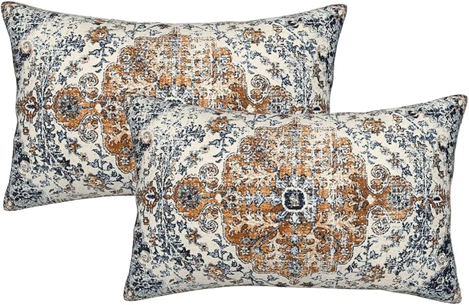Gold Blue Boho Throw Pillow Covers 12x20 Set of 2, Carpet Pattern Pillow Covers Ethnic Rustic Farmhouse Cushion Cases Linen Decorative Gifts for Couch Sofa Indoor Outdoor