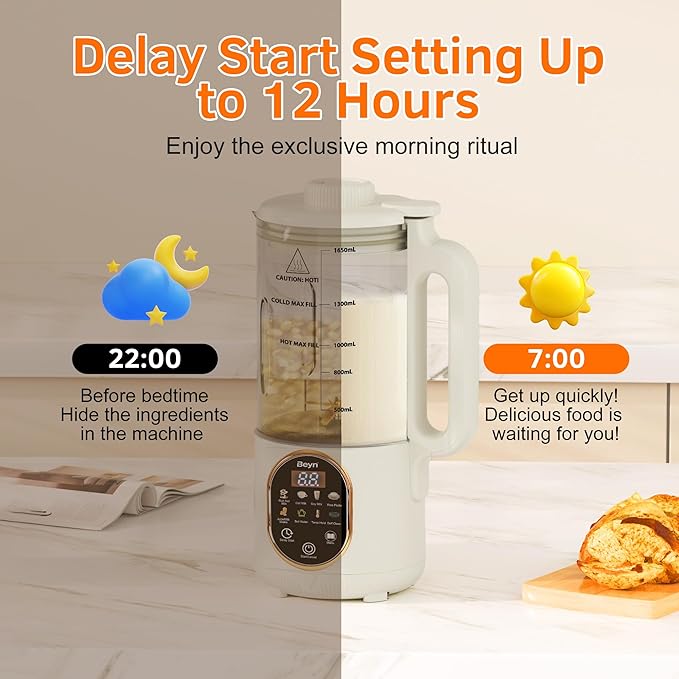 Beyn 10-in-1 Upgraded 60oz Nut Milk Maker Machine with 48-Leaf Titanium Blades，Automatic Plant-Based Milk Maker for Homemade Oat, Soy, Almond, Juice & More，Temp Hold, Delay Start, Boil &Auto Clean