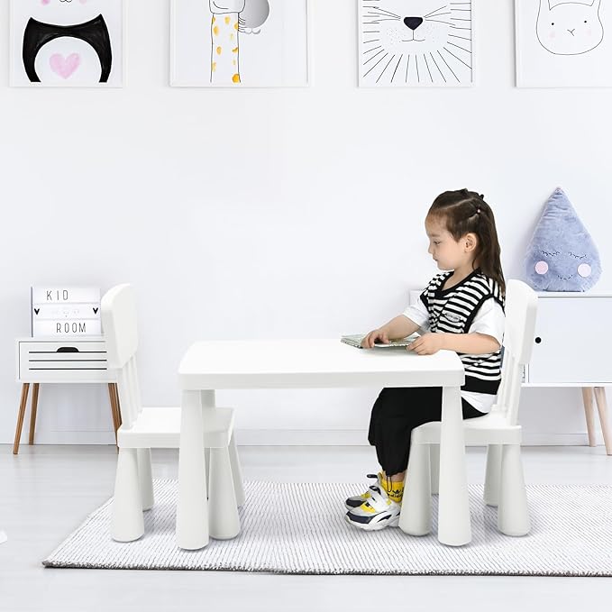 LDAILY Kids Table and Chairs, 3-Piece Children Arts Nursery Furniture for Drawing, Reading, and Painting, Light Weight Plastic Activity Kids Desk and Chair Set for Playroom, Kindergarten (White)