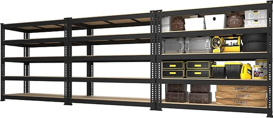 PrimeZone 48" W x 18" D x 72" H Garage Shelving Heavy Duty - Adjustable Metal Storage Shelves, 5 Tier Industrial Shelving Unit, Utility Shelf Rack for Basement, Warehouse, Pantry, Closet, Black, 3Pack