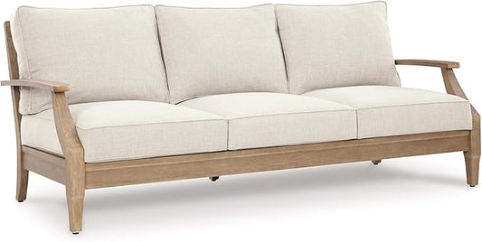 Signature Design by Ashley Carter Hall Outdoor Eucalyptus Wood Patio Sofa – Cushioned with UV-Resistant Nuvella Fabric, 5-Step Protective Finish, Beige