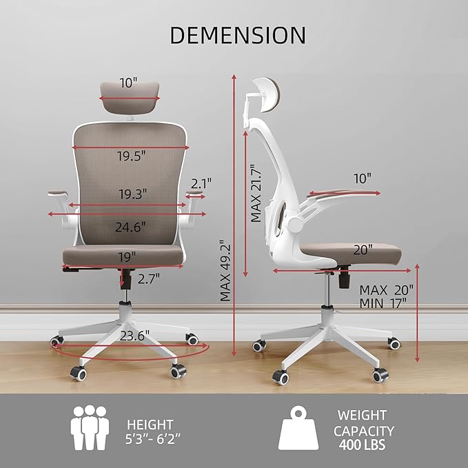 Ergonomic Office Chair, High Back Desk Chair with 2D Headrest, Mesh Office Chair with Flip-Up Arms, Up&Down Lumbar Support, 90-135° Tilt Lock Big and Tall Computer Desk Chairs for Office Home