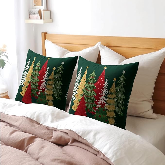 Kawani Christmas Green Decorative Pillow Covers 24x24 Inch Set of 2 Christmas Tree Outdoor Throw Pillow Covers Winter Xmas Holiday Pillowcases Cushion Covers for Home Couch Christmas Decor