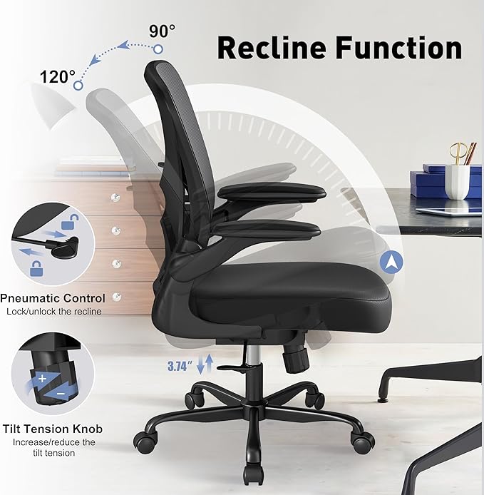 ZZH Mesh Office Chair with Adjustable Lumbar Support, Ergonomic Home Office Desk Chair with Wheels and Flip-up Arms, Black