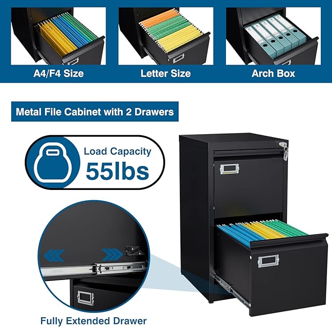 2-Drawer File Cabinet, 16.3" Deep Vertical Metal Filing Cabinet with Lock for Home Office, Anti-Tip 2 Storage Drawers for Letter/Legal/A4/F4 Size (Assemble Required, Black)