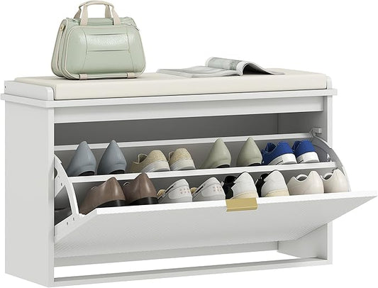 HOMCOM Narrow Shoe Bench with Padded Seat Cushion and Flip-Drawer, Small Entryway Bench Holds up to 265lb, Shoe Cabinet, 31.5x10.2x18.7 Inches, White