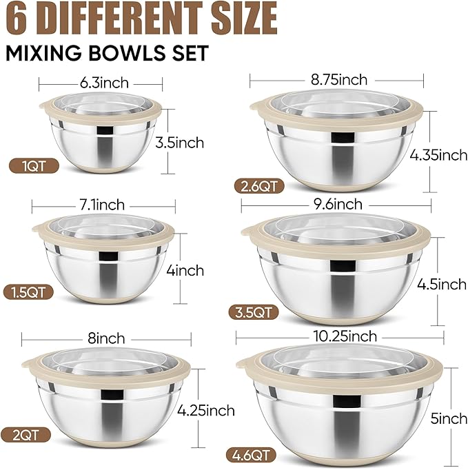 P&P CHEF Khaki Mixing Bowls Set of 6, Stainless Steel Mixing Bowl with Visible Lids for Salad, Metal Nesting Serving Bowls for Kitchen Cooking Prepping Storing Food, 4.6/3.5/2.6/2/1.5/1 QT